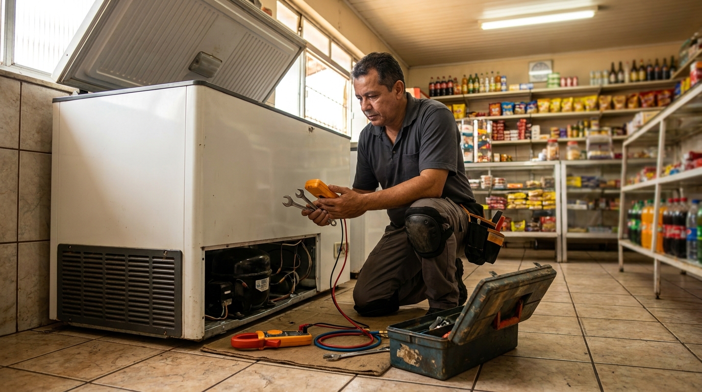 Profissional executando manutenção no motor de freezer em João Pessoa‑PB