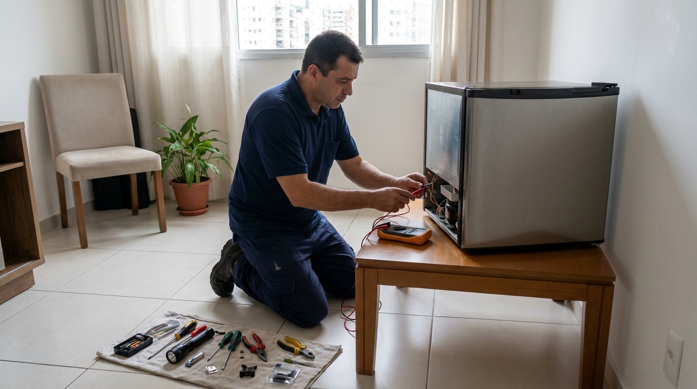 Técnico fazendo manutenção do motor de frigobar em João Pessoa‑PB
