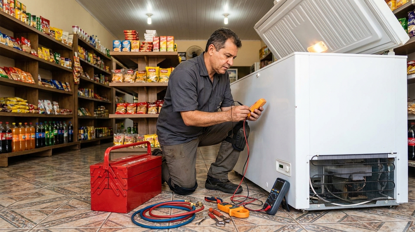 Recarga de gás refrigerante no freezer durante atendimento em João Pessoa‑PB